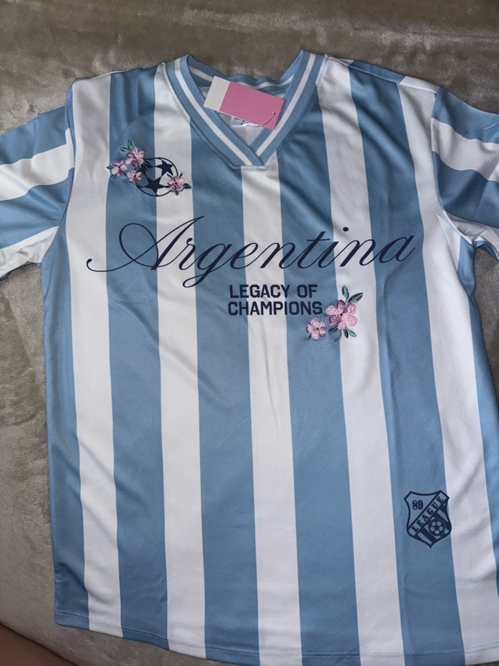 💞Argentina Women's Light Blue & White Striped Jerseys  with Floral Embroidery